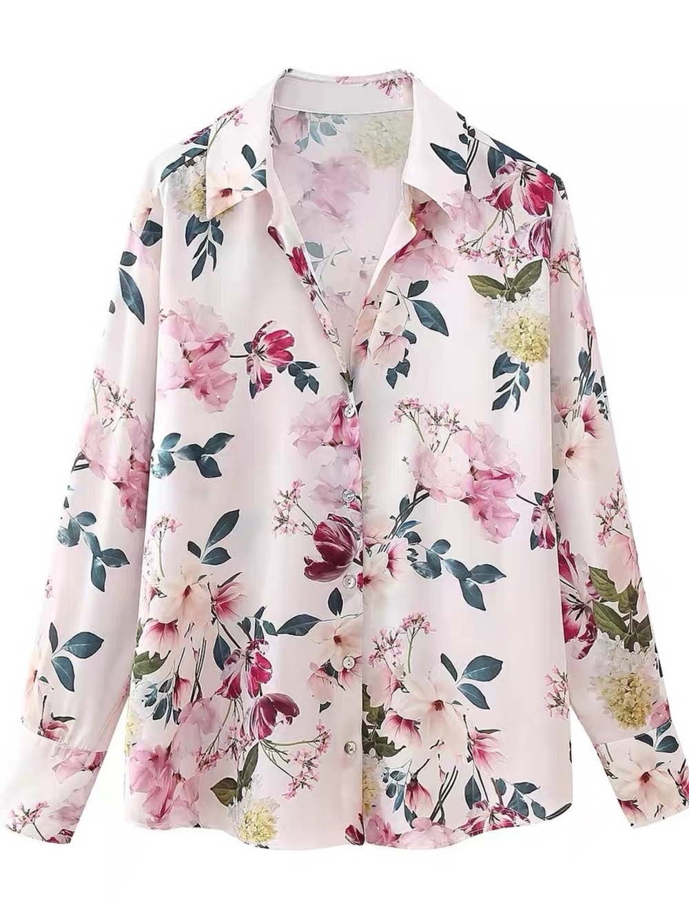 Floral Satin Button-Up Blouse in Light Pink